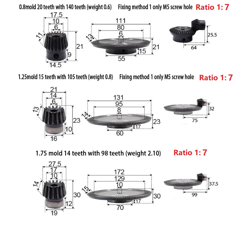 0.8 - 2.5 Mod Pair Bevel Gear 15-160 Teeth Transmission Gears C45 Steel 1:3-1:8