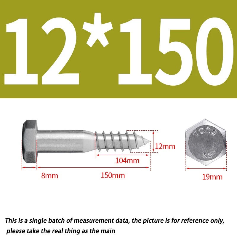 M12 A2 Stainless Steel Hex Head Lag Bolts – DIN571 Wood Screw, Multiple Lengths & Quantities