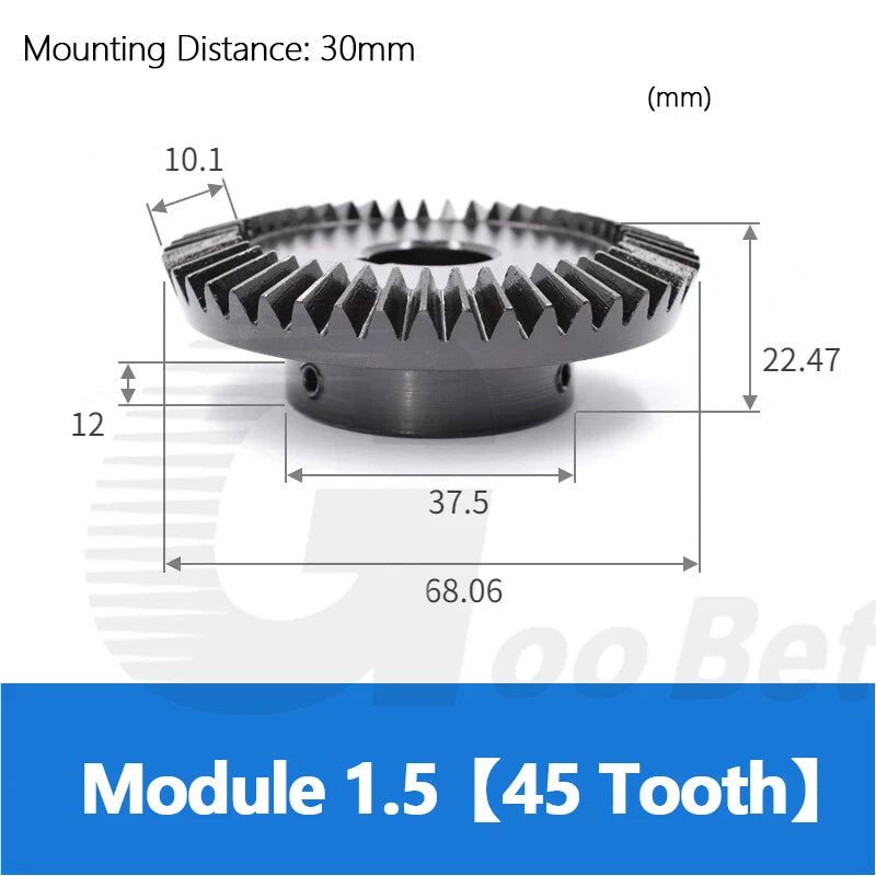 Module 1 1.5 2 Bevel Gear C45 Steel Gear Ratio 1:3 15-45 Tooth Hardened Black