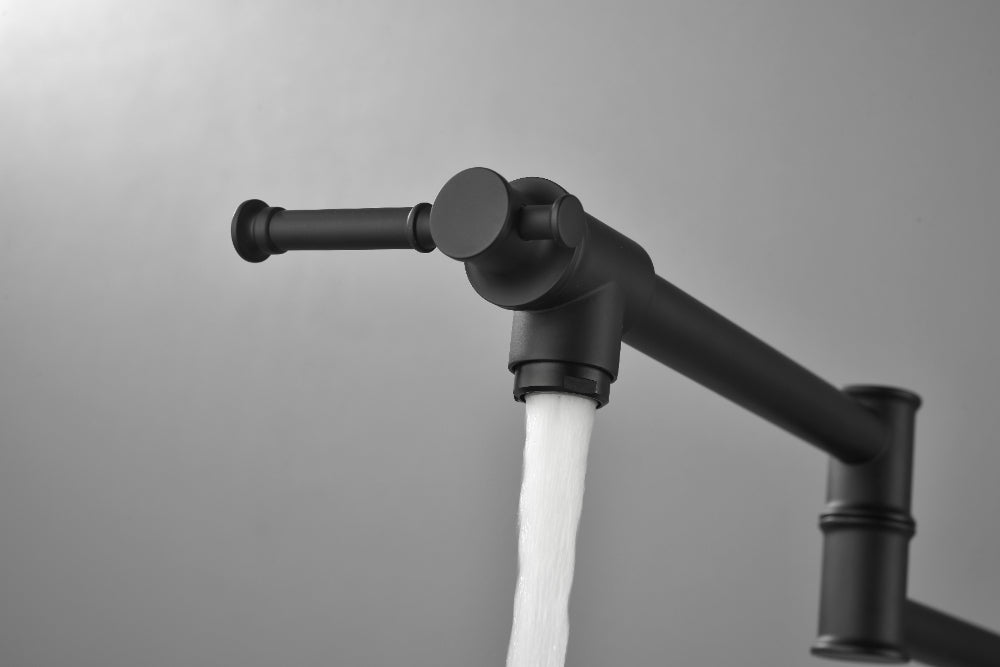 Wall Mounted Pot Filler Faucet – Matte Black, Two-Attachment Folding Swing Arm, Dual Handle, Solid Brass