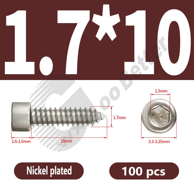 M1.7 M2 M2.3 M2.6 M3 M3.5 M4 M5 M6 Socket Head Self‑Tapping Screws – Alloy Steel, Nickel or Black Zinc