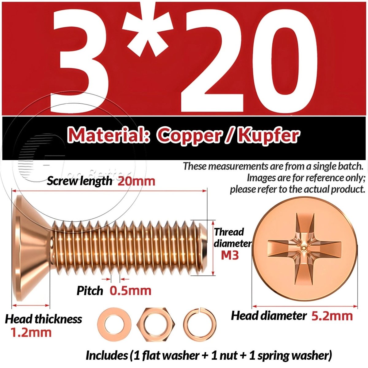 T2 Copper Pozi Countersunk Machine Screws with Flat Washer & Nut | M3–M10 - HomeDIYer
