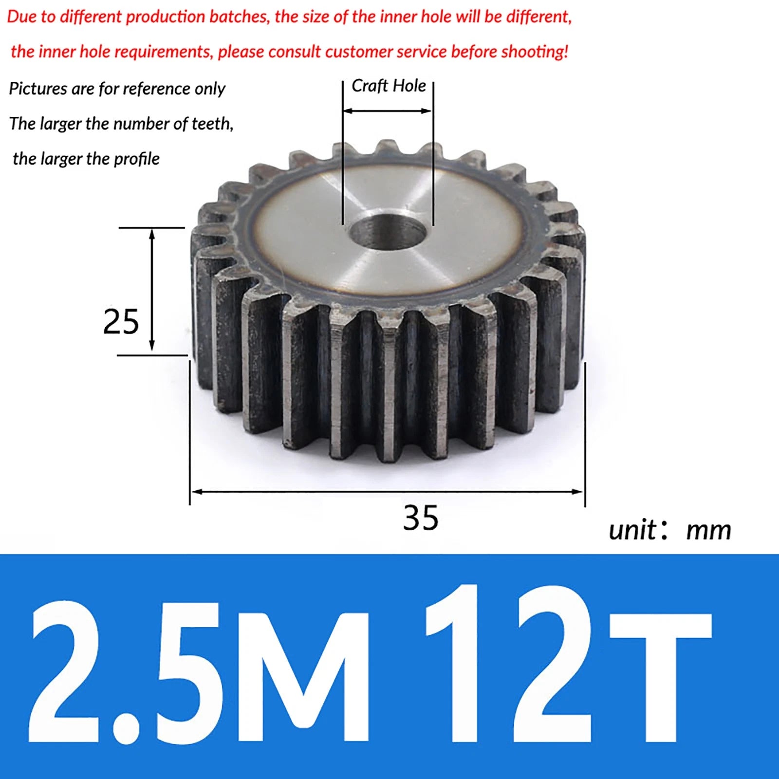 2.5 Mod 10T - 79T Spur Gear 45# Steel Pinion Gear Thickn 25MM Transmission Gear