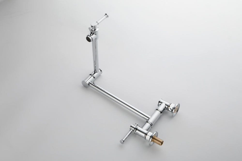 Wall Mounted Pot Filler Faucet – Chrome, Two-Attachment Folding Swing Arm, Dual Handle, Solid Brass