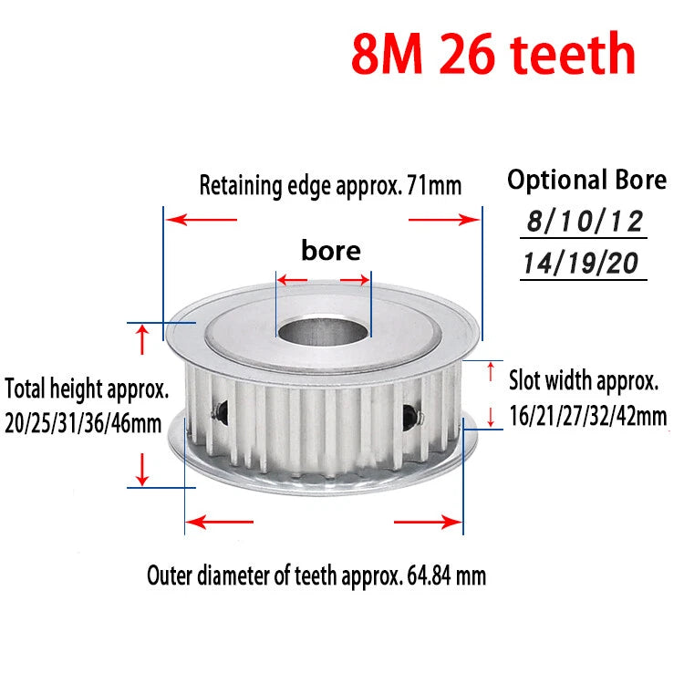 HTD 8M Timing Belt Pulley for 15-40mm Wide, Bore 8-25mm, 15-26T, CNC 3D Printer