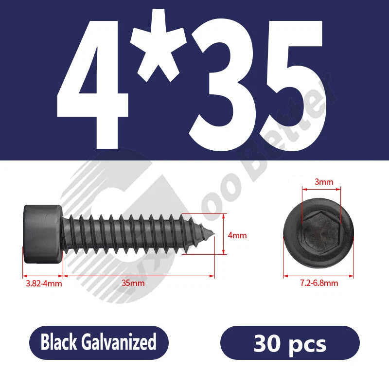 M1.7 M2 M2.3 M2.6 M3 M3.5 M4 M5 M6 Socket Head Self‑Tapping Screws – Alloy Steel, Nickel or Black Zinc