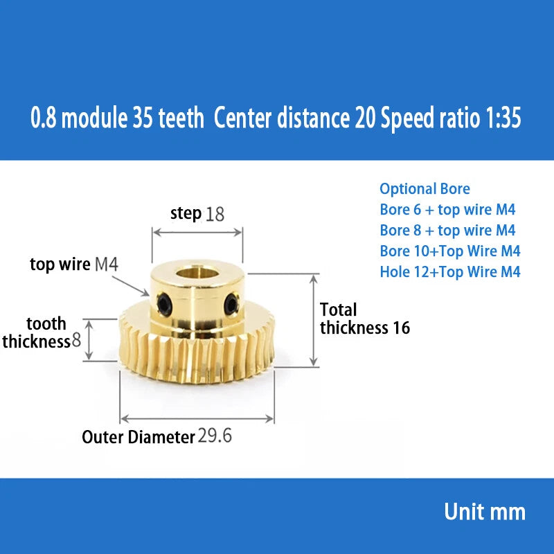 0.8 Module 20T to 60T Gear Copper Worm Wheel Gear & Worm Gear Shaft Bore 5-12mm