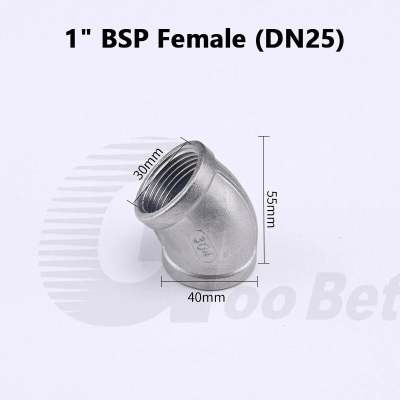 Stainless Steel 45° Elbow BSP Female Threaded Pipe Fitting — 304 SS, 1/8" to 2" (DN6–DN50)