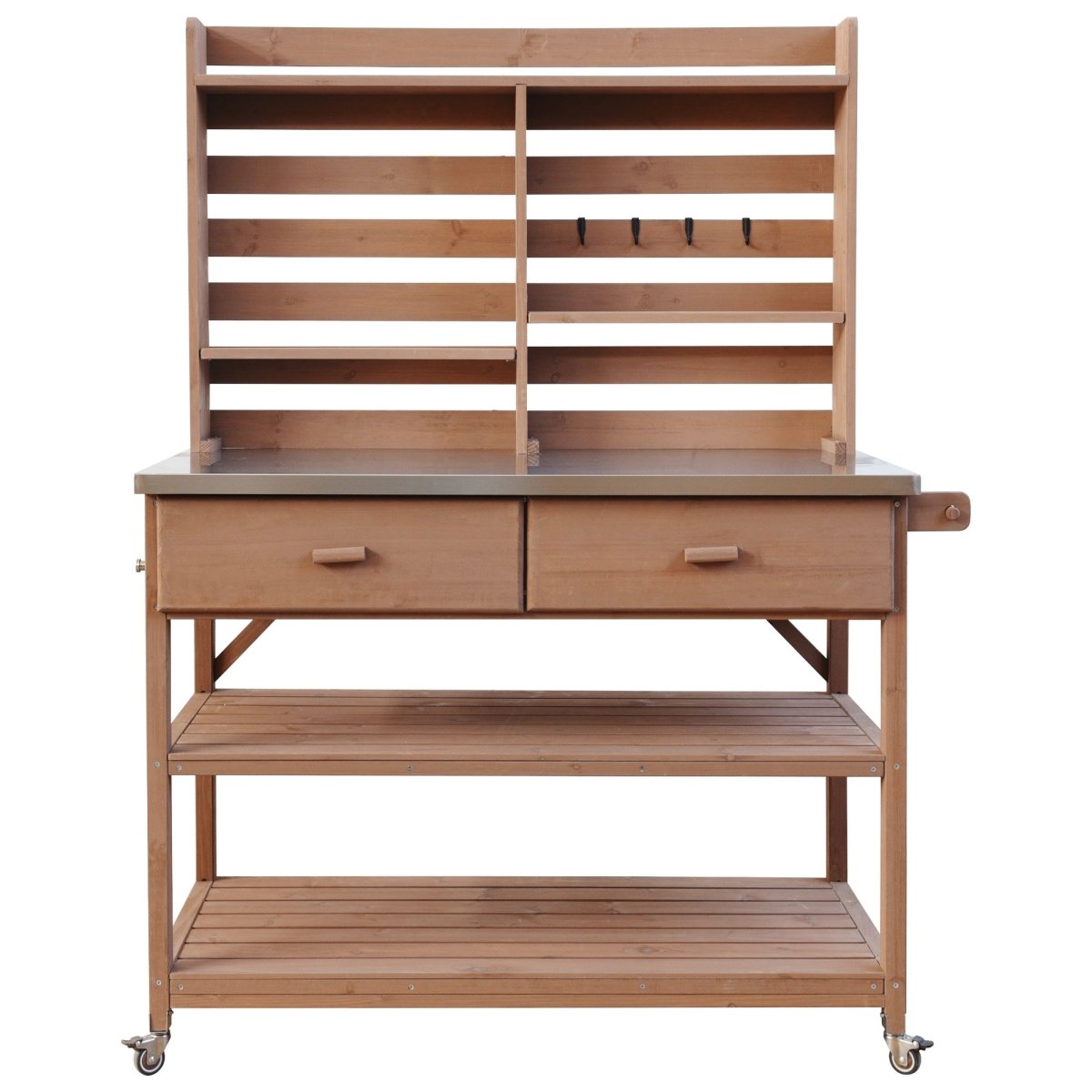 64.9"H Outdoor Potting Bench Table with Lockable Wheels, Solid Wood Outdoor Kitchen Island with Upper Hutch, Stainless Steel Top, Towel Rack ,Outdoor Storage for Grilling, Lawn Garden - Brown - HomeDIYer