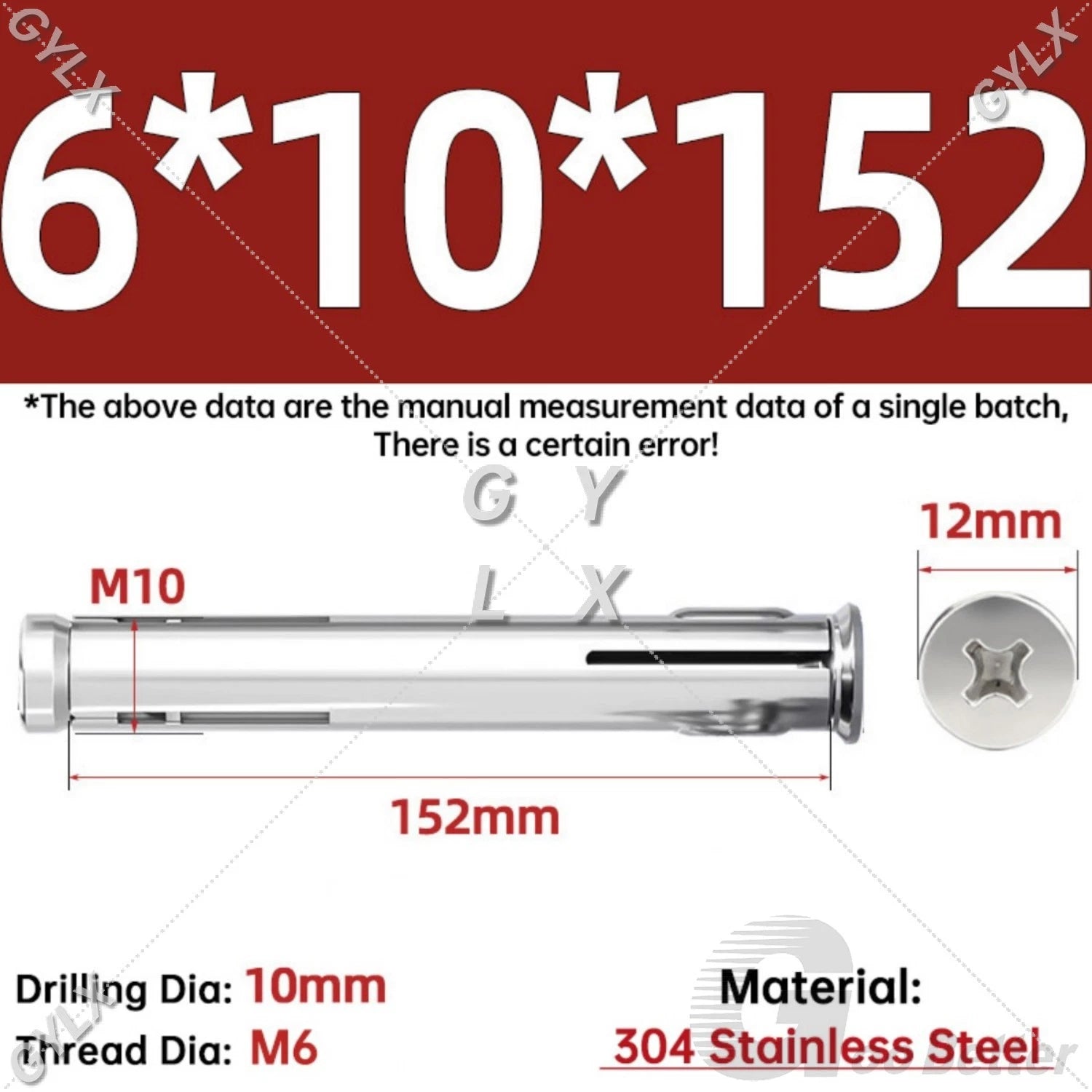 M6 Countersunk Sleeve Anchor Expansion Bolts — 304 / 201 Stainless Steel, Cross Drive