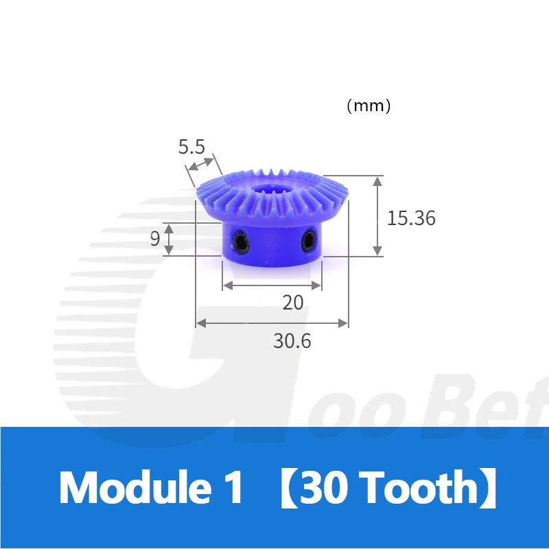 Straight Bevel Gear Module 1 90° 1:2 Pairing 15-40 Tooth 5-12mm Bore Nylon Blue