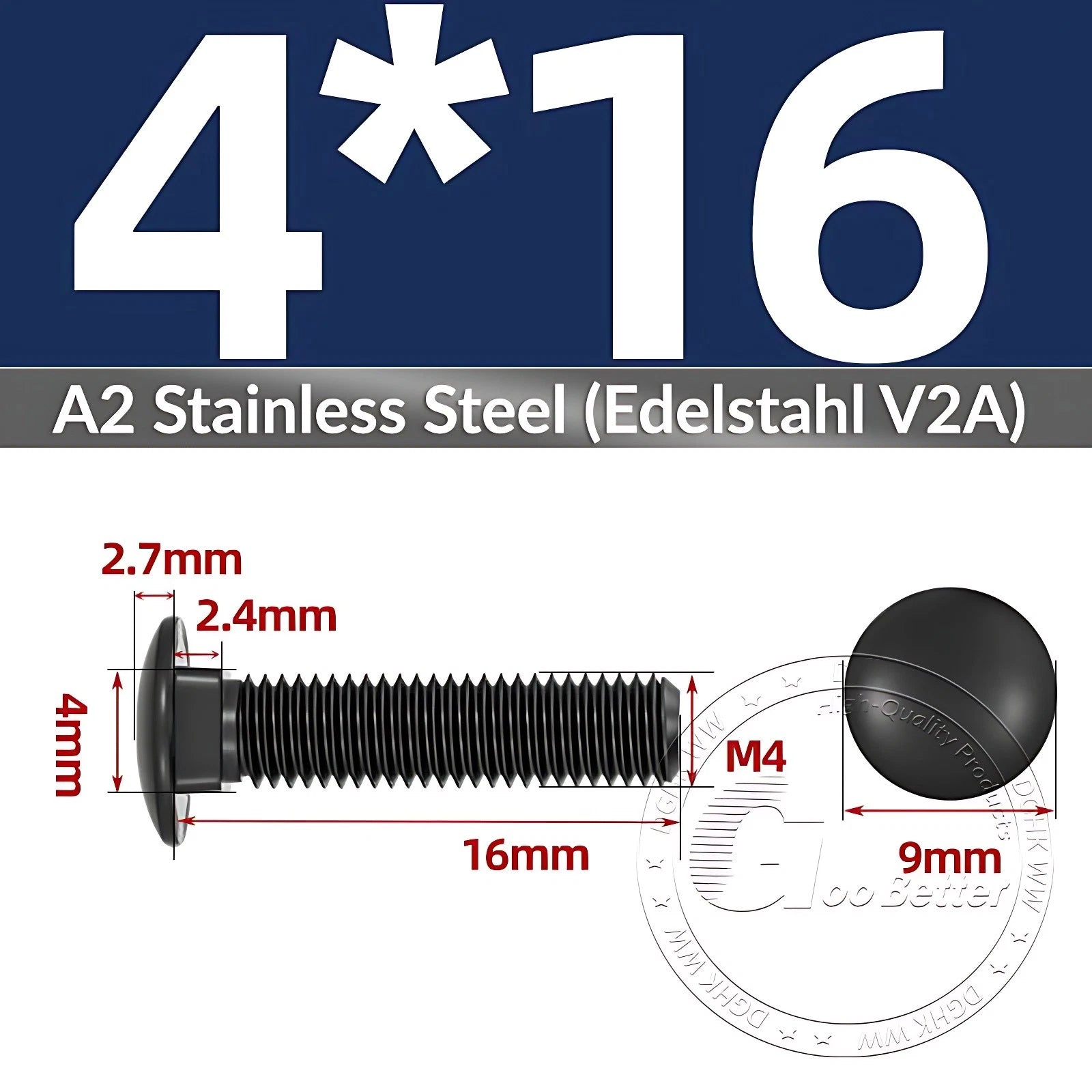 Black Stainless Steel Carriage Bolts M3–M12 | A2 Cup Square Dome Screws