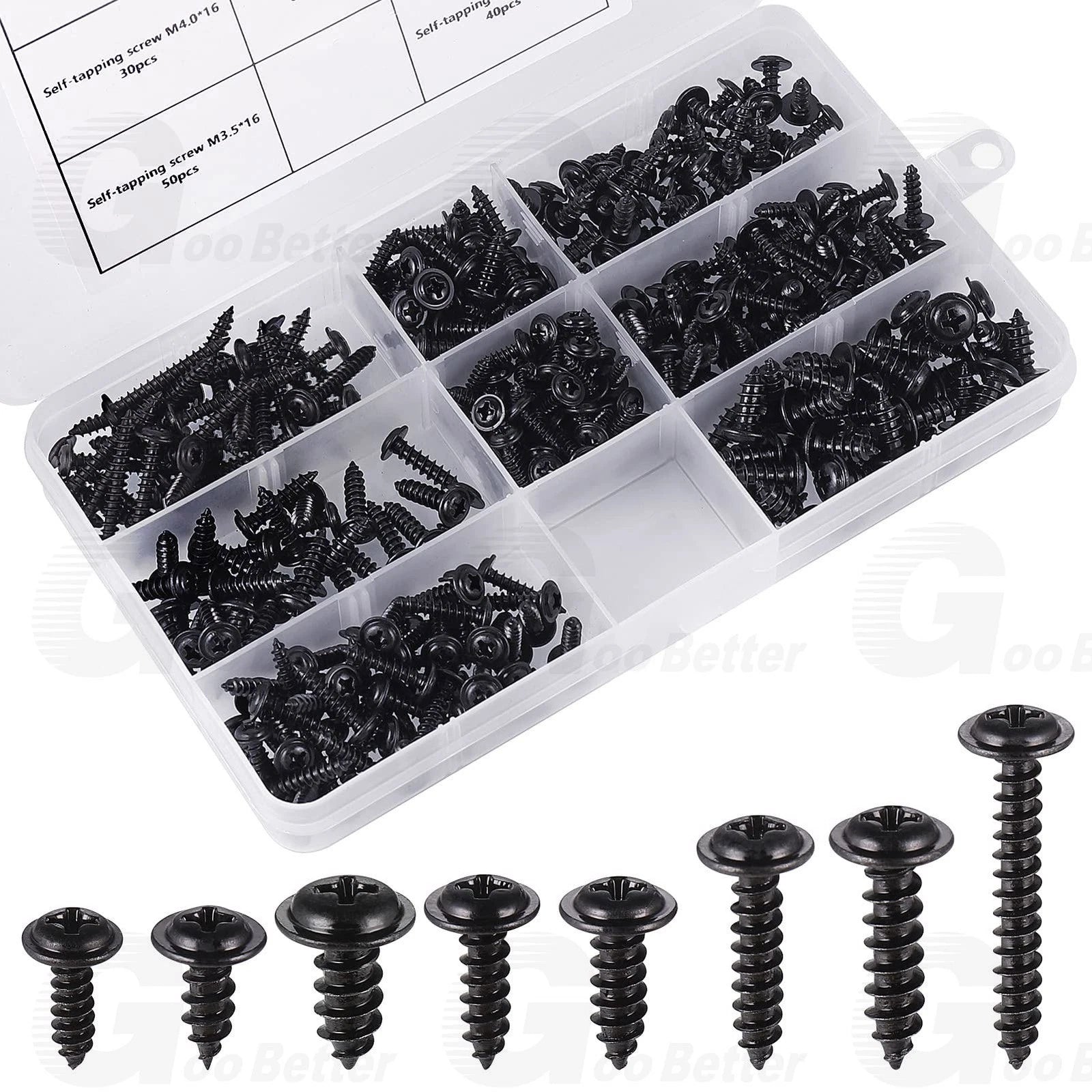 340pcs Phillips Pan Head Self Tapping Screws Kit – M3 M3.5 M4 M4.8, Black Carbon Steel