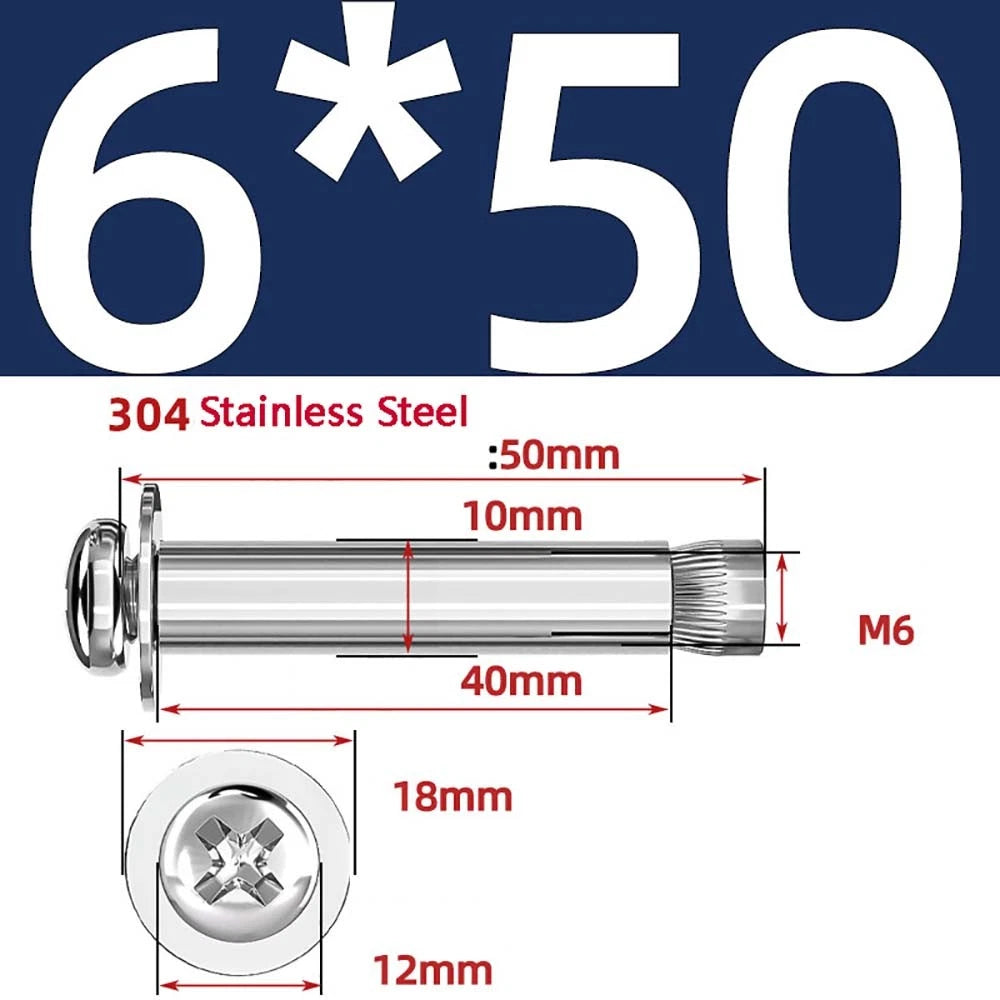 M6 M8 M10 Stainless Steel Expansion Screws — Round Head Phillips Drive, 40–100mm