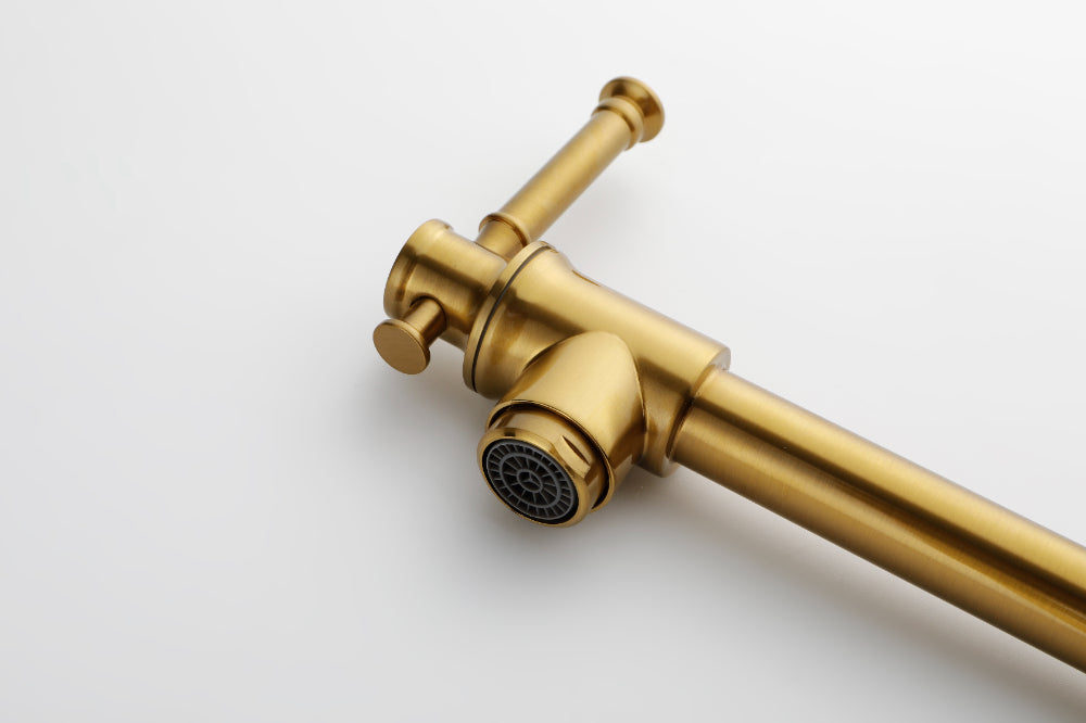 Wall Mounted Pot Filler Faucet โ Brushed Gold, Two-Attachment Folding Swing Arm, Dual Handle, Solid Brass