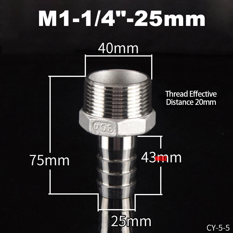 BSP Male Thread Barb Hose Tail Connector 304 Stainless Steel — 1" to 3"
