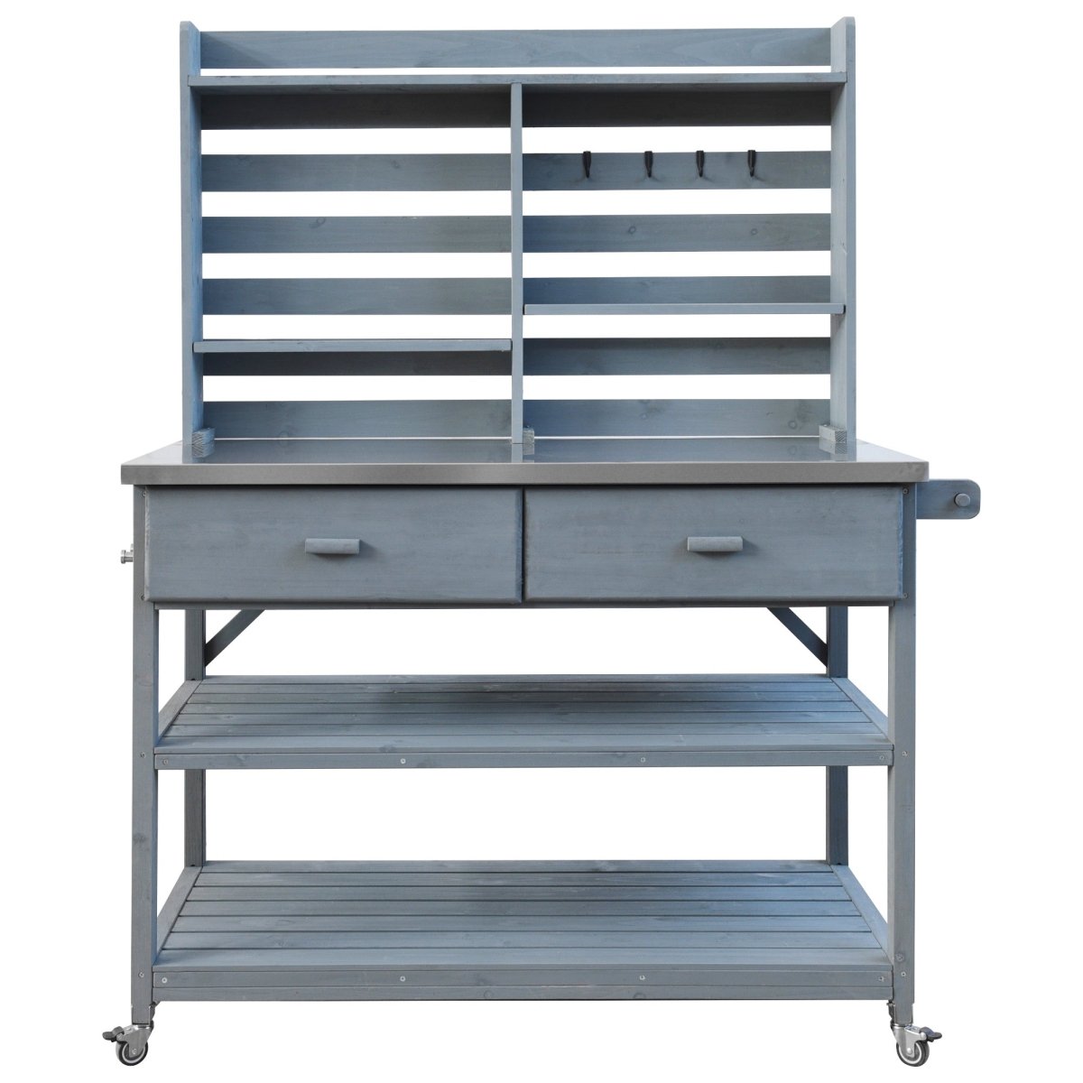 64.9"H Outdoor Potting Bench Table with Lockable Wheels, Solid Wood Outdoor Kitchen Island with Upper Hutch, Stainless Steel Top, Towel Rack ,Outdoor Storage for Grilling, Lawn Garden - Grey Blue - HomeDIYer