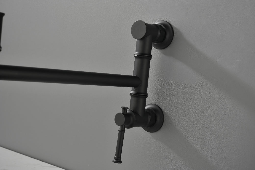 Wall Mounted Pot Filler Faucet – Matte Black, Two-Attachment Folding Swing Arm, Dual Handle, Solid Brass