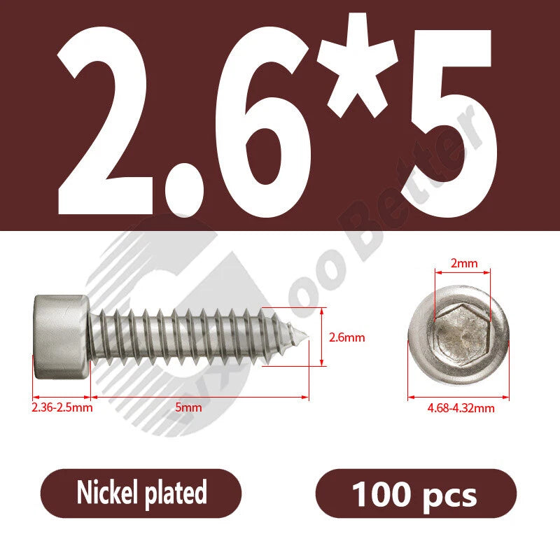M1.7 M2 M2.3 M2.6 M3 M3.5 M4 M5 M6 Socket Head Self‑Tapping Screws – Alloy Steel, Nickel or Black Zinc