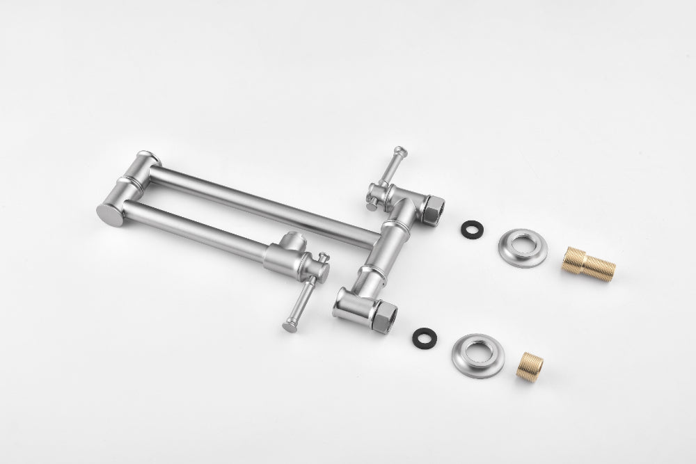 Wall Mounted Pot Filler Faucet โ Brushed Nickel, Two-Attachment Folding Swing Arm, Dual Handle, Solid Brass