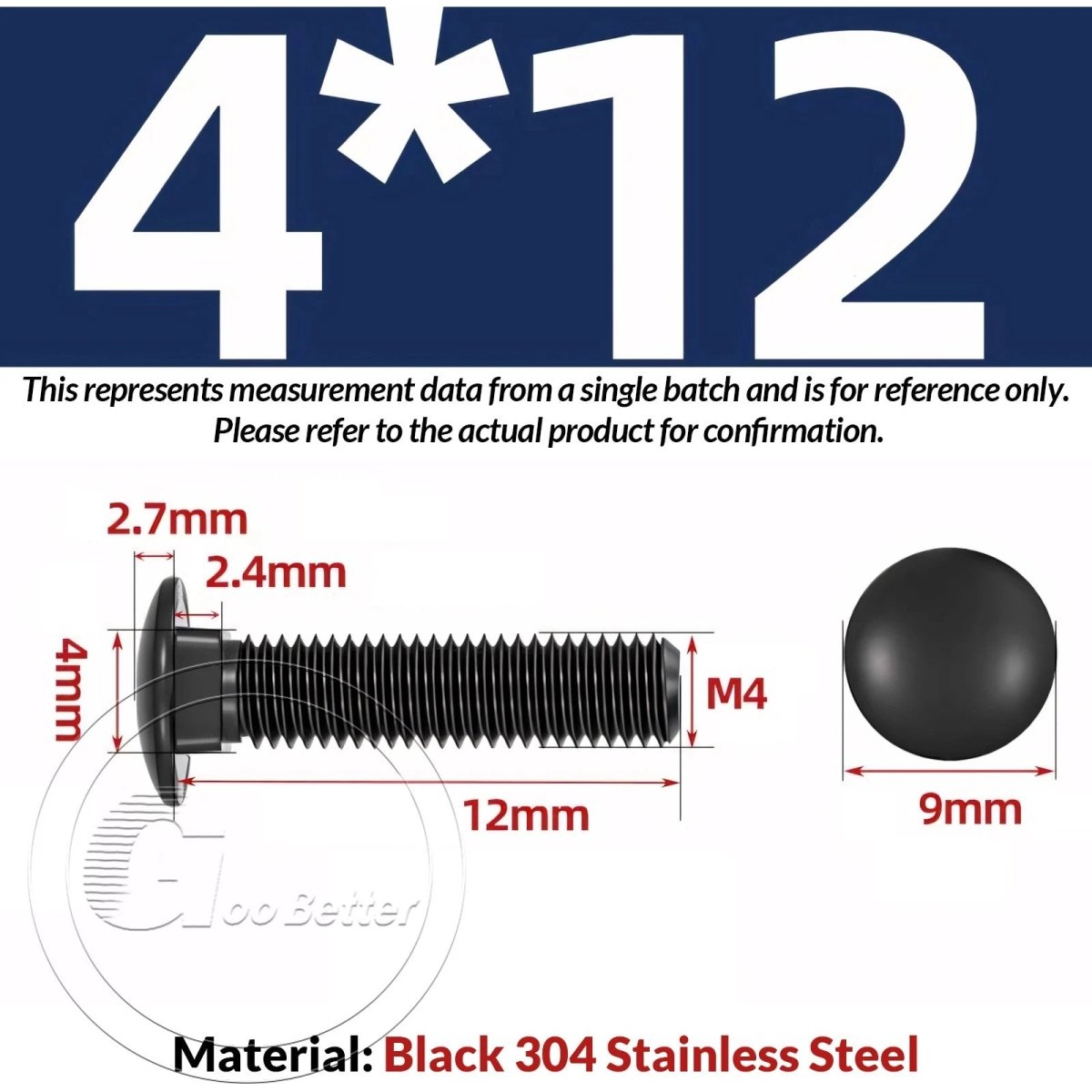 Black Carriage Bolts M3 M4 M5 M6 — Cup Square Domed Head, A2 - 70 Stainless Steel - HomeDIYer