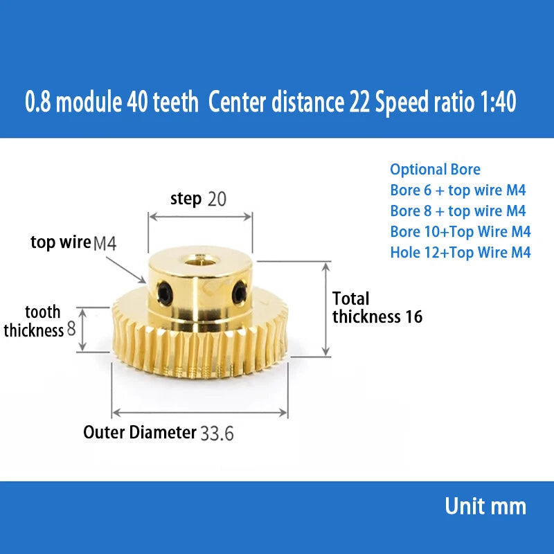 0.8 Module 20T to 60T Gear Copper Worm Wheel Gear & Worm Gear Shaft Bore 5-12mm