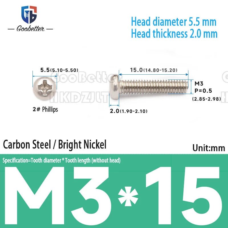 M3 Phillips Round Pan Head Machine Screws — Carbon Steel, 4–30mm, 100–500 PCS - HomeDIYer