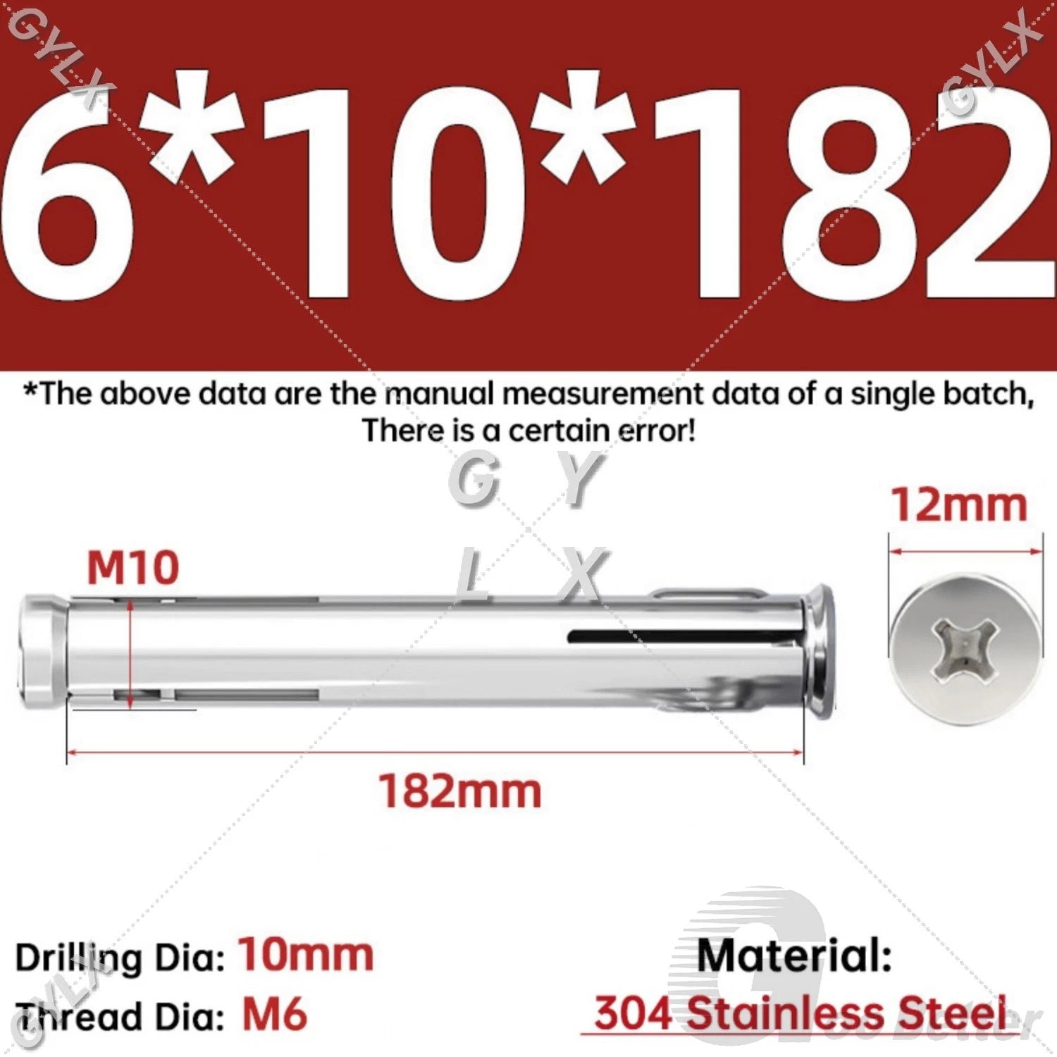 M6 Countersunk Sleeve Anchor Expansion Bolts — 304 / 201 Stainless Steel, Cross Drive