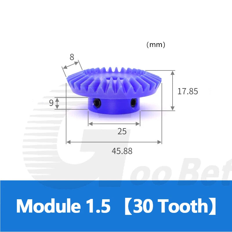 Module 1.5 Straight Bevel Gear Nylon 15 - 40 Tooth 1:2 Pairing 6-20mm Bore Blue
