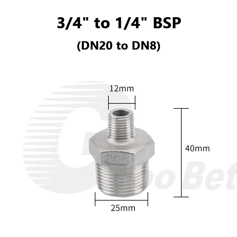 304 Stainless Steel Reducing Hex Nipple BSP Male Thread Pipe Fitting | 1/8" to 2"