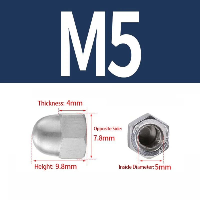 304 Stainless Steel Cap Nuts M3–M12 – Acorn Dome Nuts, Rust-Resistant