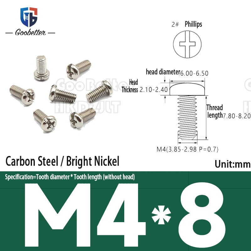 Pan Head Round Head Machine Screws Phillips Drive Bolts M3.5 M4 Carbon Steel