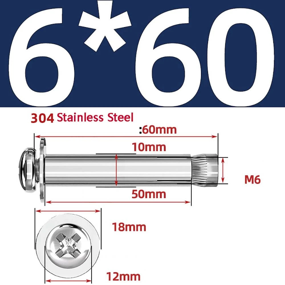 M6 M8 M10 Stainless Steel Expansion Screws — Round Head Phillips Drive, 40–100mm
