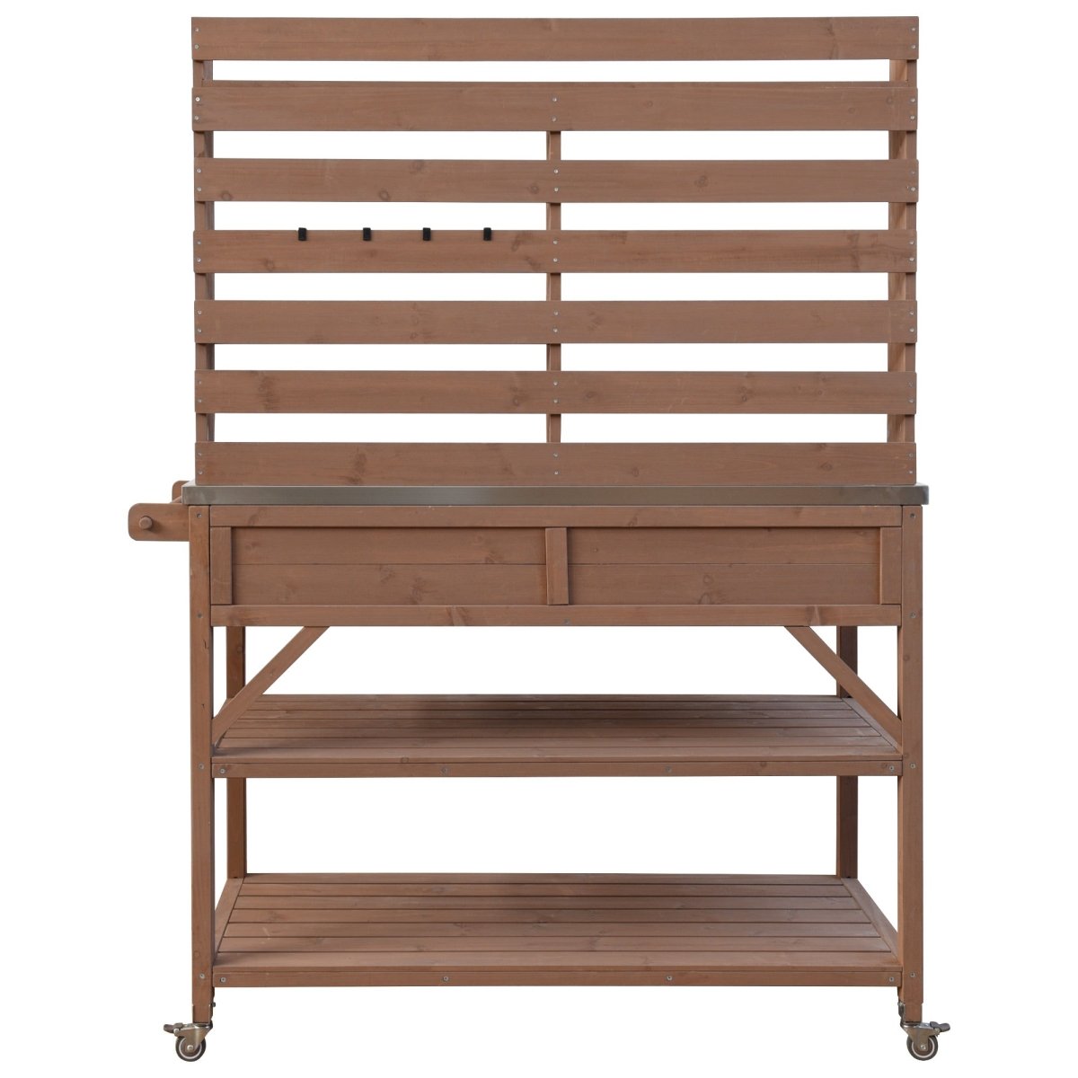 64.9"H Outdoor Potting Bench Table with Lockable Wheels, Solid Wood Outdoor Kitchen Island with Upper Hutch, Stainless Steel Top, Towel Rack ,Outdoor Storage for Grilling, Lawn Garden - Brown - HomeDIYer