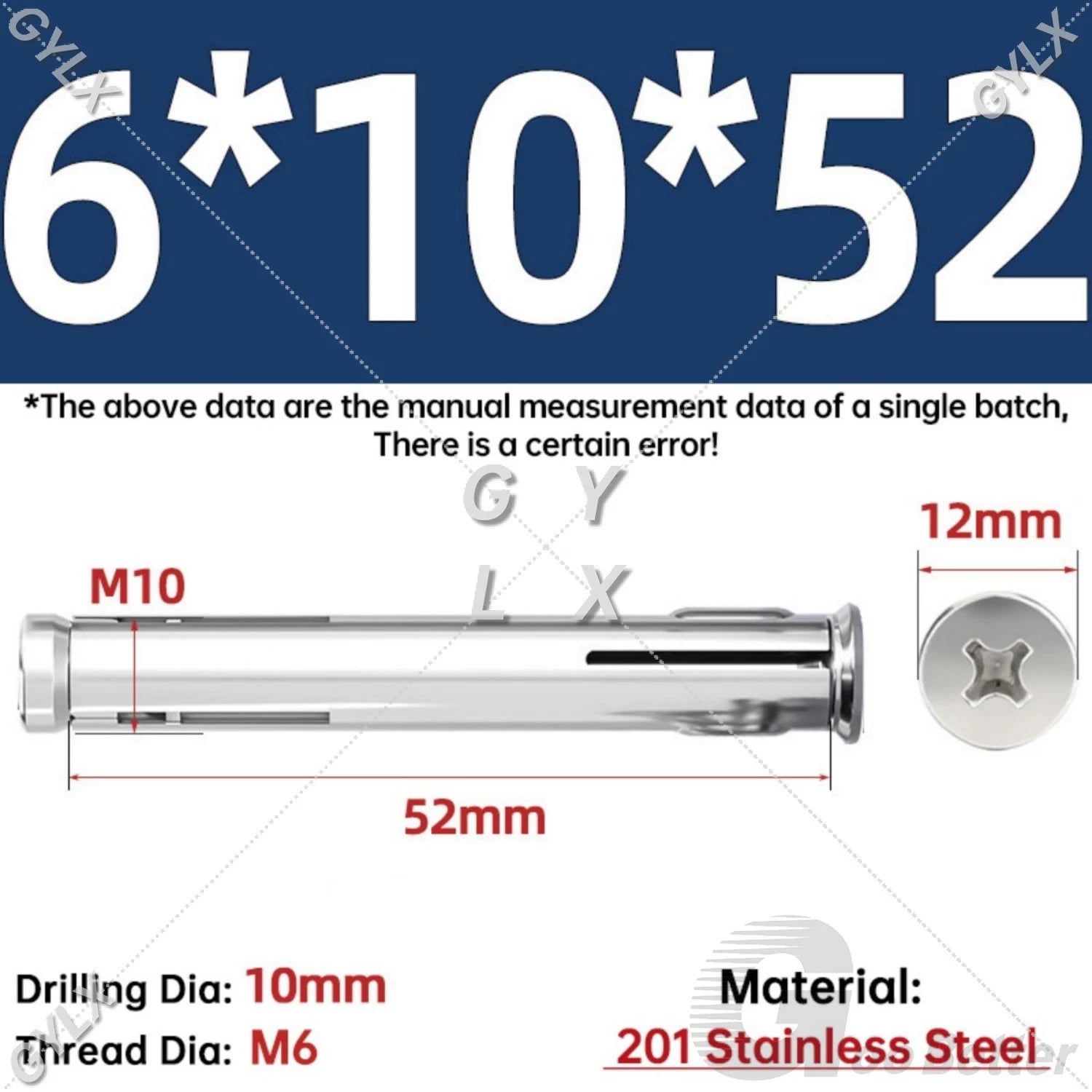 M6 Countersunk Sleeve Anchor Expansion Bolts — 304 / 201 Stainless Steel, Cross Drive
