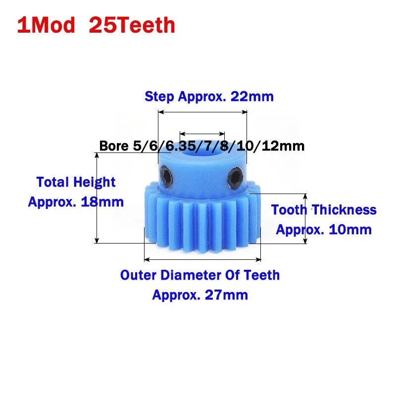 1 Mod Blue Nylon Spur Gear 16-50T Bore 4-20mm Pinion Gear Motor Gear With Step
