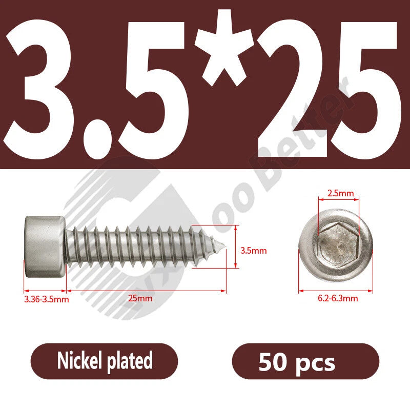 M1.7 M2 M2.3 M2.6 M3 M3.5 M4 M5 M6 Socket Head Self‑Tapping Screws – Alloy Steel, Nickel or Black Zinc