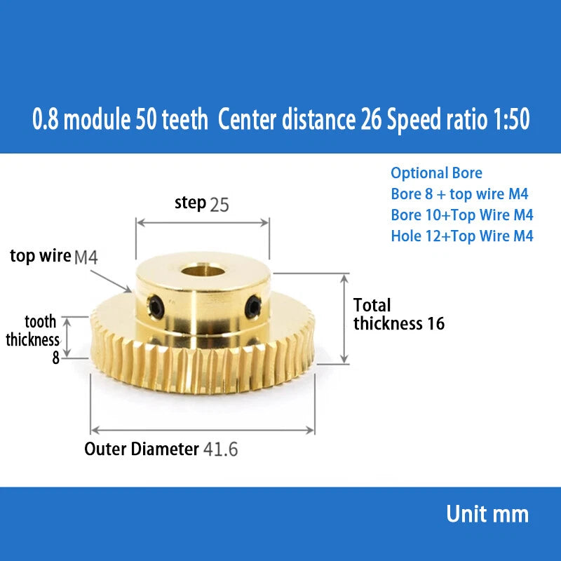 0.8 Module 20T to 60T Gear Copper Worm Wheel Gear & Worm Gear Shaft Bore 5-12mm