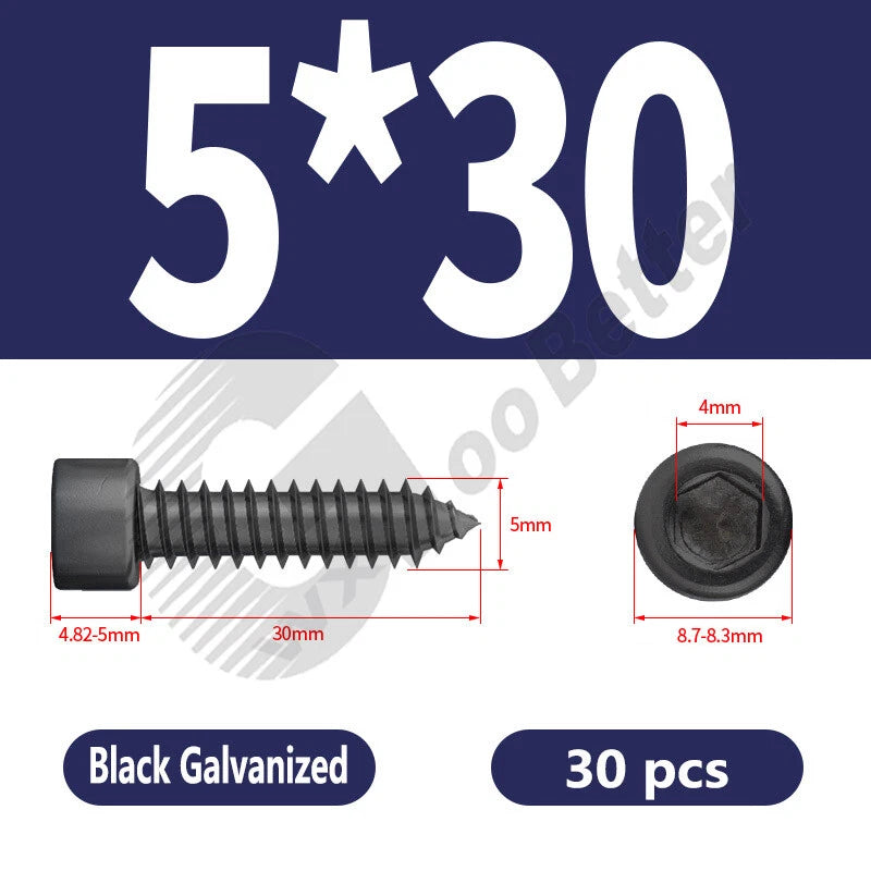 M1.7 M2 M2.3 M2.6 M3 M3.5 M4 M5 M6 Socket Head Self‑Tapping Screws – Alloy Steel, Nickel or Black Zinc