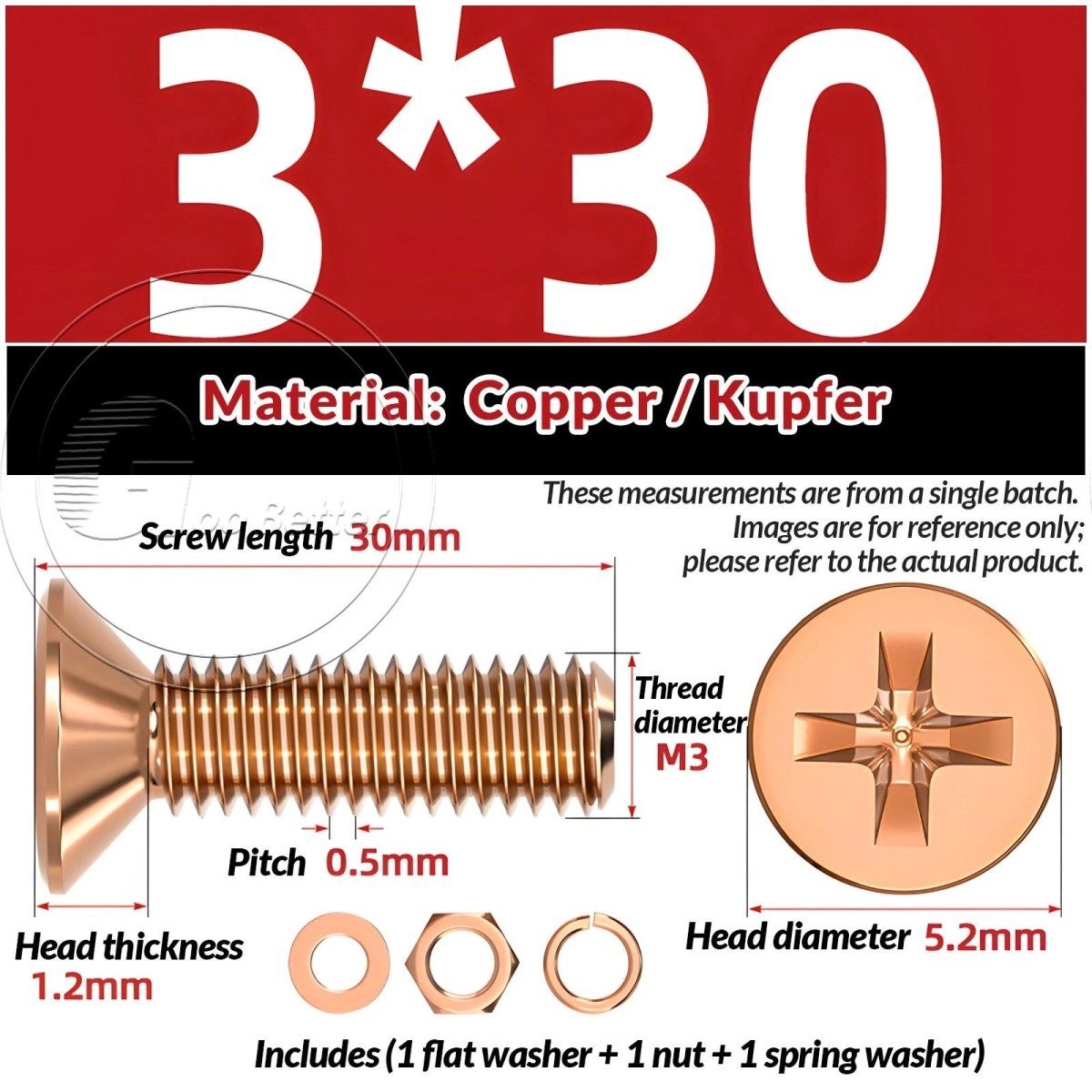 T2 Copper Pozi Countersunk Machine Screws with Flat Washer & Nut | M3–M10 - HomeDIYer