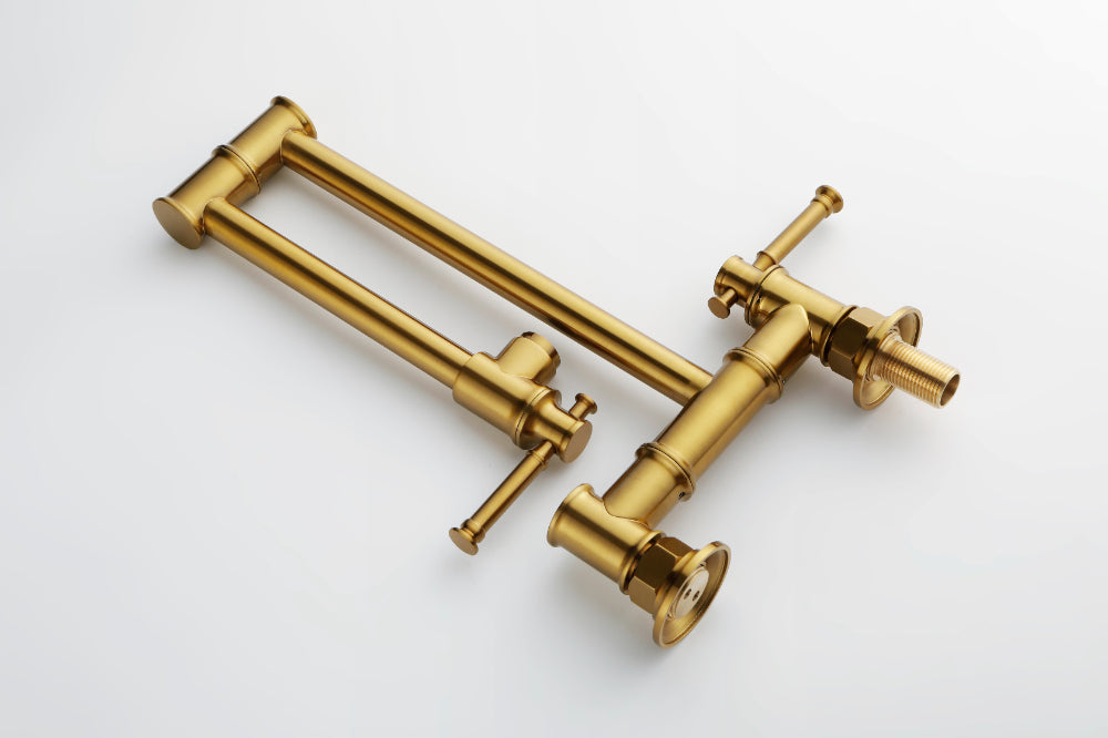 Wall Mounted Pot Filler Faucet โ Brushed Gold, Two-Attachment Folding Swing Arm, Dual Handle, Solid Brass