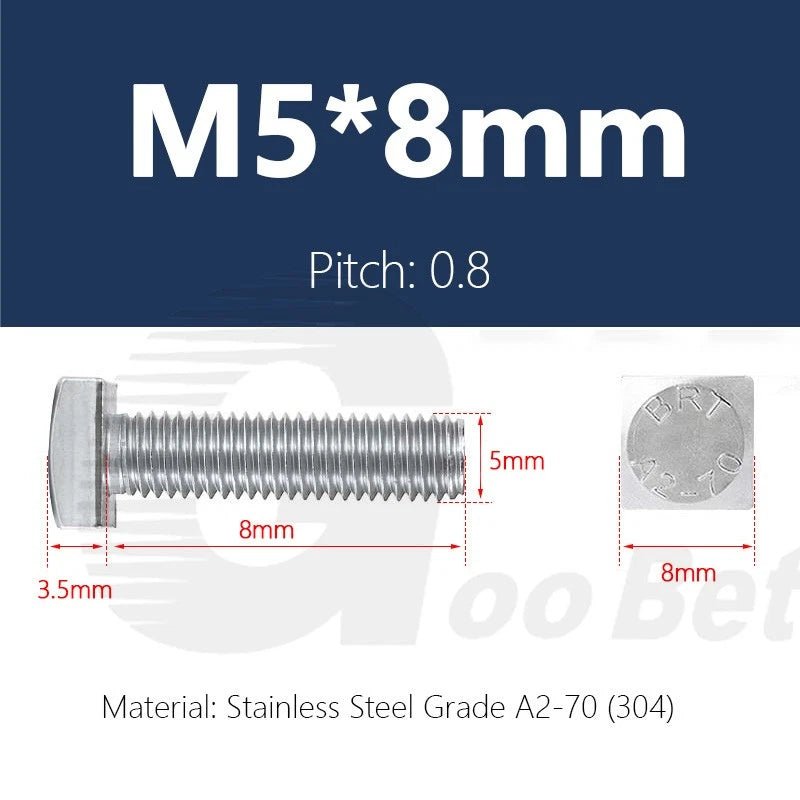 M5 T - Bolt Square Head Screws — Stainless Steel 304 (A2) for T - Slot Aluminum Extrusion Profiles - HomeDIYer
