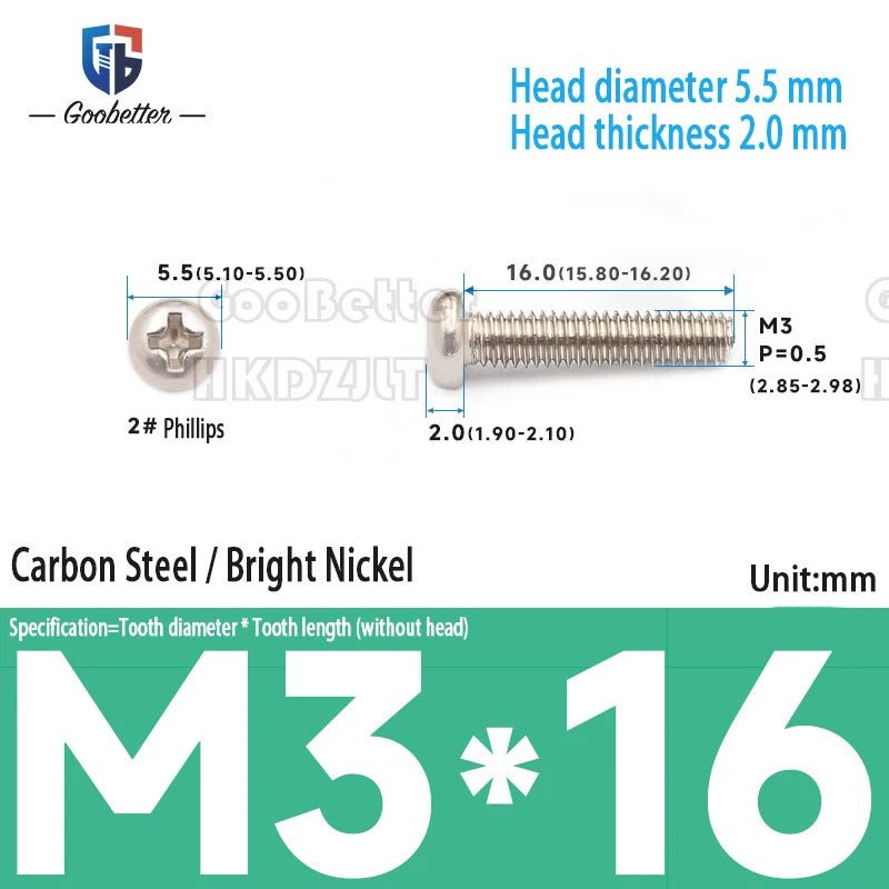 M3 Phillips Round Pan Head Machine Screws — Carbon Steel, 4–30mm, 100–500 PCS - HomeDIYer