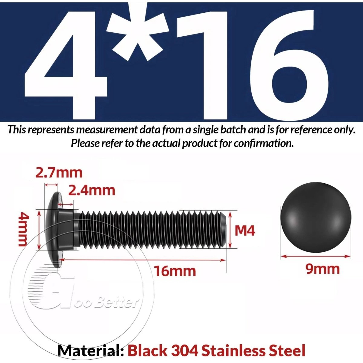Black Carriage Bolts M3 M4 M5 M6 — Cup Square Domed Head, A2 - 70 Stainless Steel - HomeDIYer