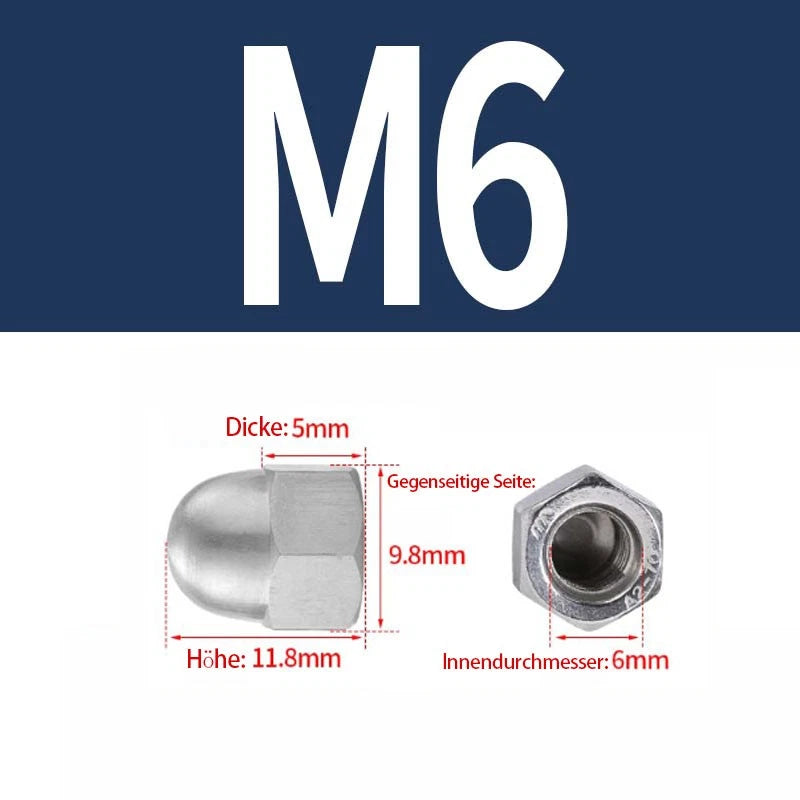 304 Stainless Steel Cap Nuts M3–M12 – Acorn Dome Nuts, Rust-Resistant
