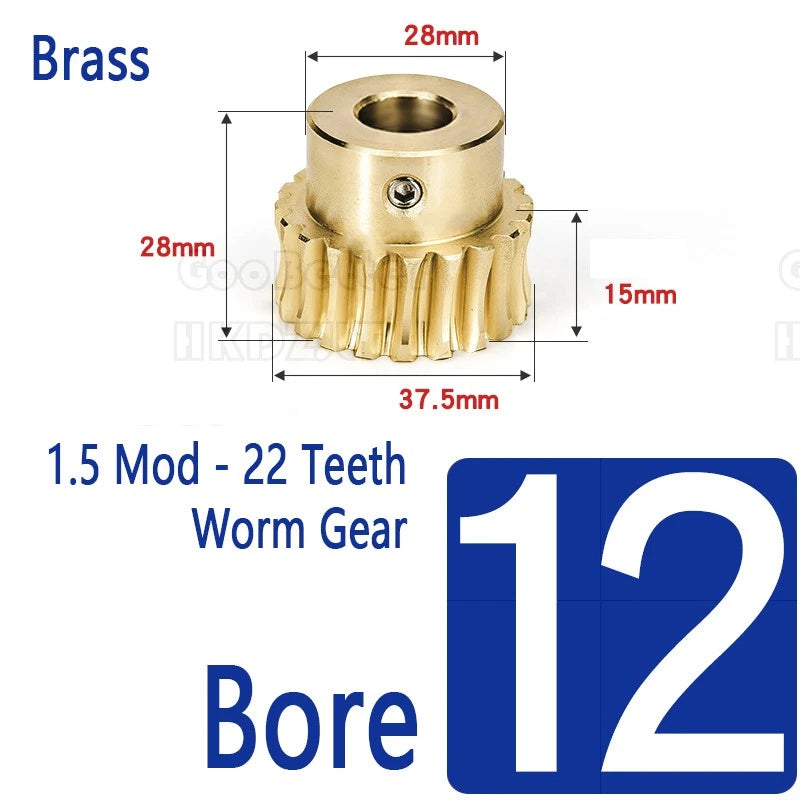 Mod 1.5 Worm Gear Wheel Brass 22 Tooth Worm Shaft Steel C45 Bore 8 mm - 15 mm