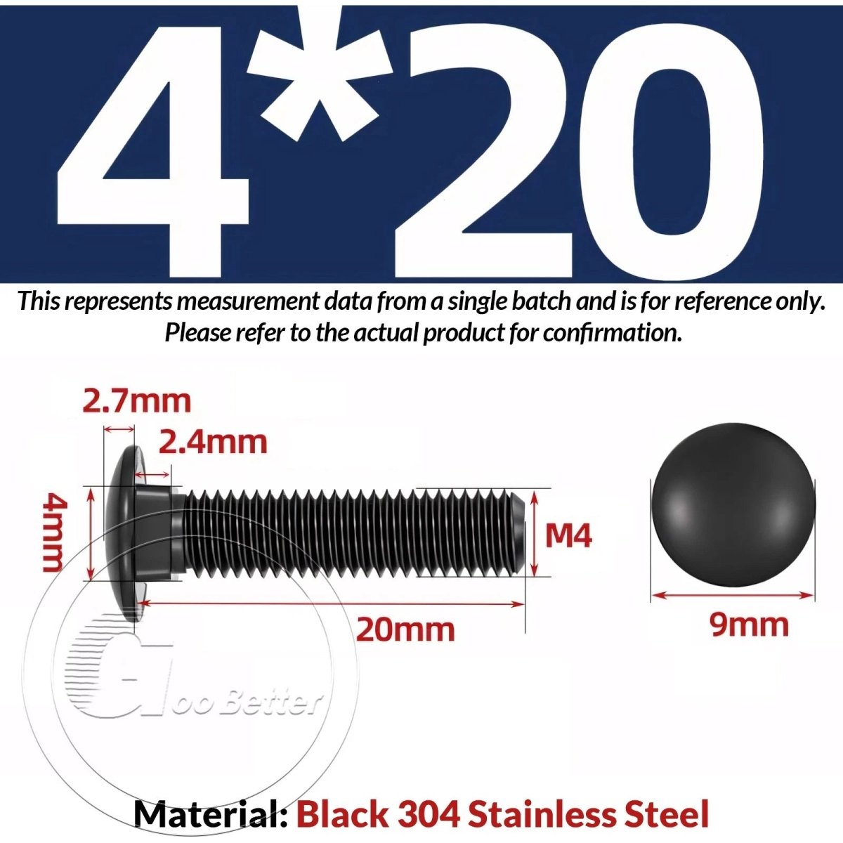Black Carriage Bolts M3 M4 M5 M6 — Cup Square Domed Head, A2 - 70 Stainless Steel - HomeDIYer