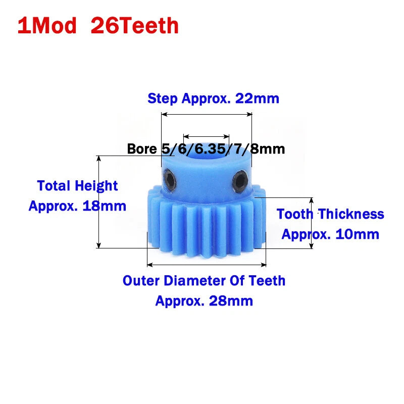 1 Mod Blue Nylon Spur Gear 16-50T Bore 4-20mm Pinion Gear Motor Gear With Step