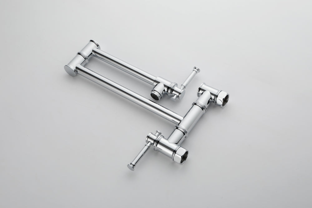 Wall Mounted Pot Filler Faucet – Chrome, Two-Attachment Folding Swing Arm, Dual Handle, Solid Brass