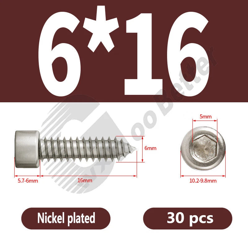 M1.7 M2 M2.3 M2.6 M3 M3.5 M4 M5 M6 Socket Head Self‑Tapping Screws – Alloy Steel, Nickel or Black Zinc